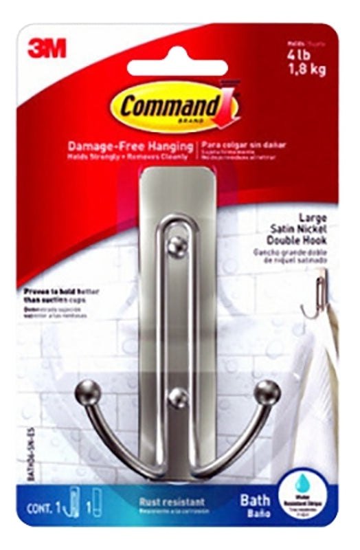 COMMAND Command BATH36-SN-ES Large Double Bath Hook, 4 lb, 1-Hook, Metal/Plastic, Satin Nickel