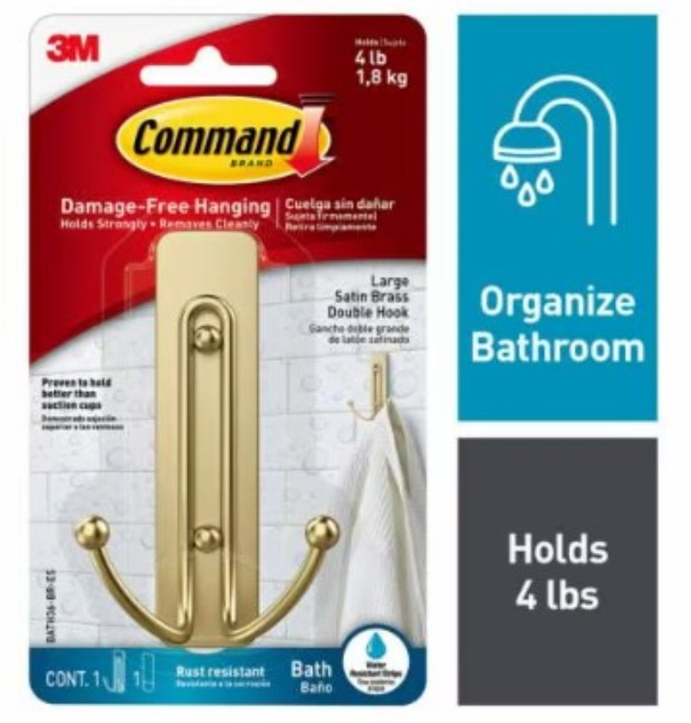 COMMAND Command BATH36-BR-ES Large Bath Hook, 4 lb, 2-Hook, Metal, Satin Brass ELECTRICAL COMMAND