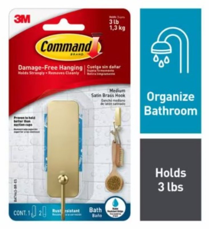 COMMAND Command BATH43-BR-ES Medium Bath Hook, 3 lb, 1-Hook, Metal, Satin Brass ELECTRICAL COMMAND