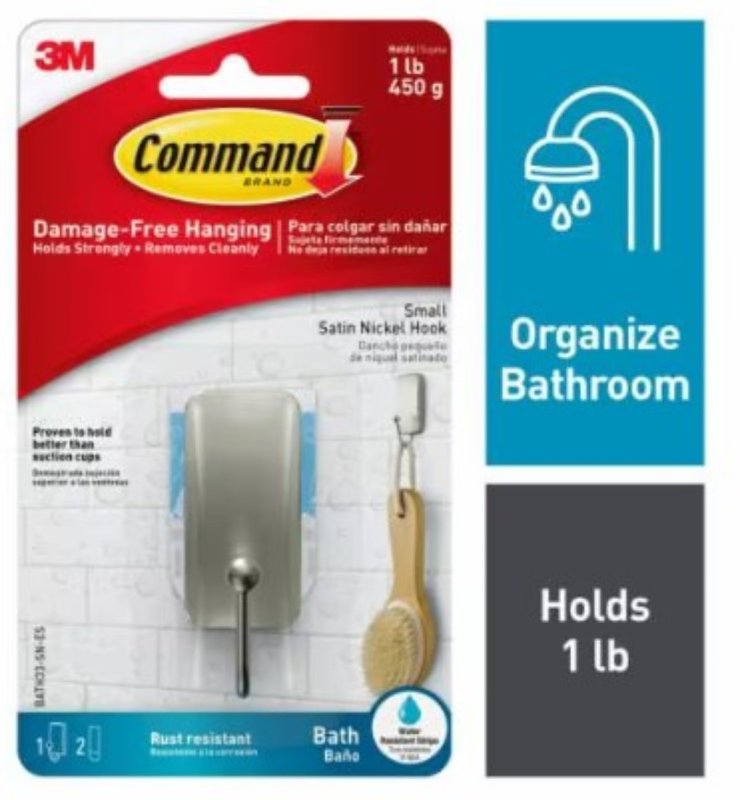 COMMAND Command BATH33-SN-2ES Small Bath Hook, 1 lb, Metal, Silver, Satin Nickel ELECTRICAL COMMAND