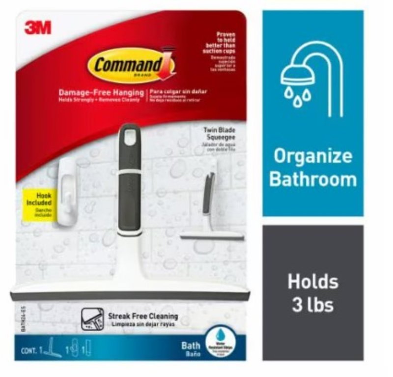 COMMAND Command BATH24-ES Shower Squeegee, Stainless Steel Blade, White