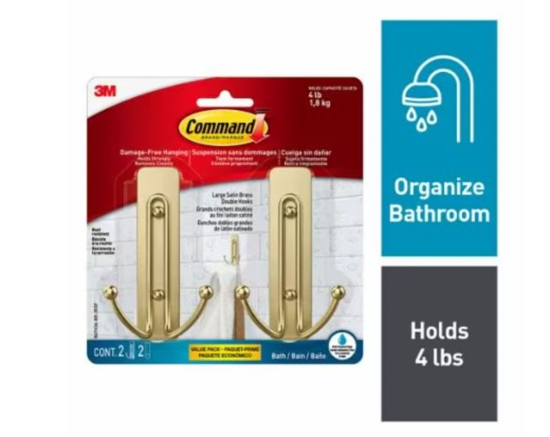 COMMAND Command BATH36-BR-2ESF Large Bath Hook, 4 lb, 2-Hook, Metal, Satin Brass ELECTRICAL COMMAND