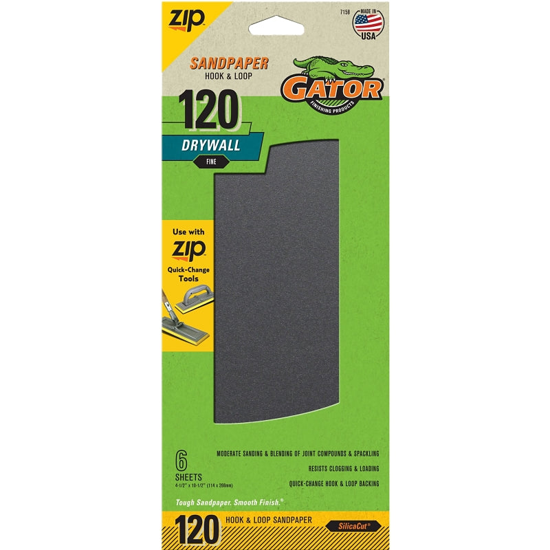 GATOR Gator Zip 7158 Sanding Sheet, 10-1/2 in L, 4-1/2 in W, 120 Grit, Fine, Silicon Carbide Abrasive PAINT GATOR