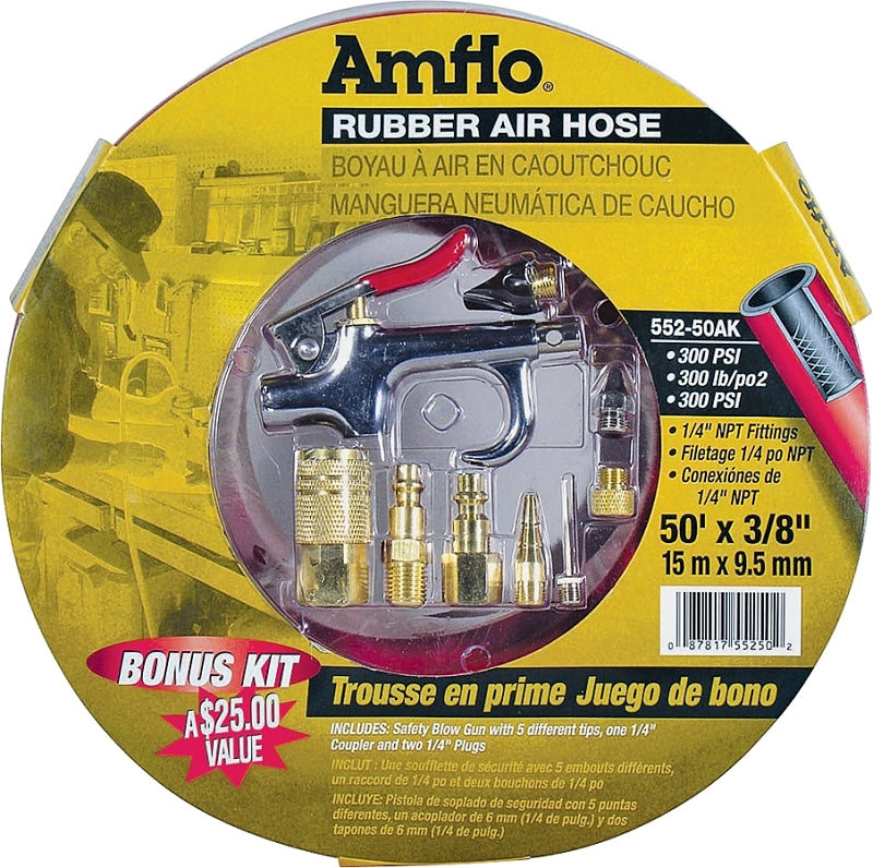 AMFLO Amflo 552-50AK-5 Air Hose Kit, 3/8 in OD, 50 ft L, MNPT, 300 psi Pressure, Rubber, Red
