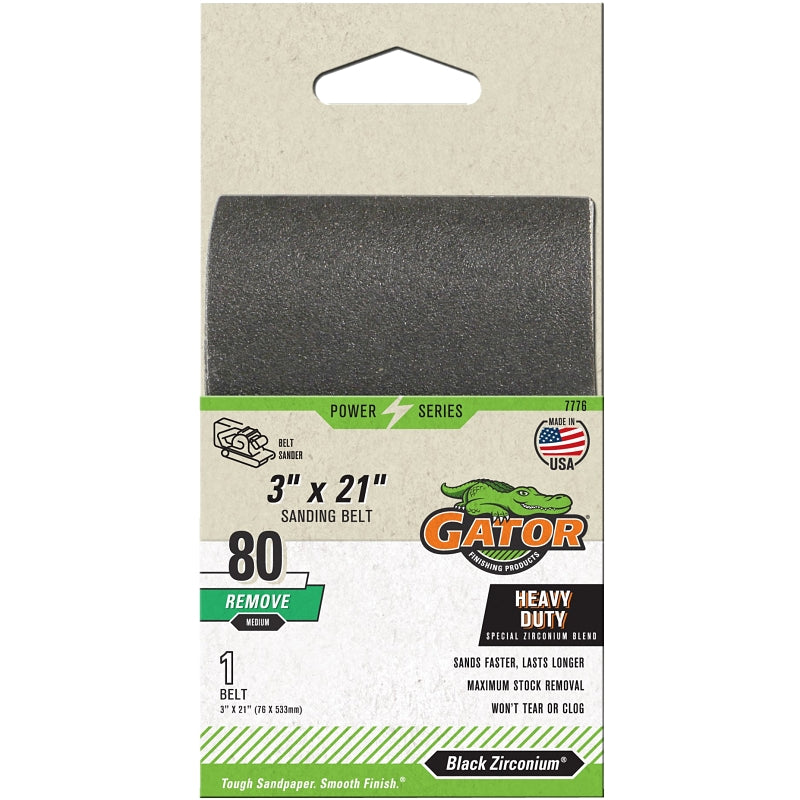 GATOR Gator 7776 Sanding Belt, 3 in W, 21 in L, Zirconium Oxide Abrasive, 80 Grit, Medium TOOLS GATOR