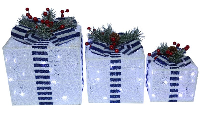 SANTAS FOREST Santas Forest 56924 Pre-Lit Mesh Gift Box, Blue/White, LED, Internal Light