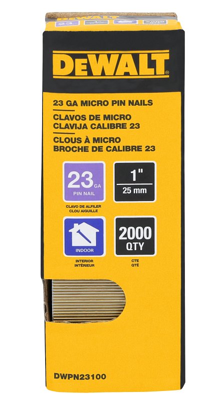 DEWALT DEWALT DWPN23100 Pin Nail, 1 in L, 23 ga, Steel, Galvanized, Headless Head, Smooth Shank