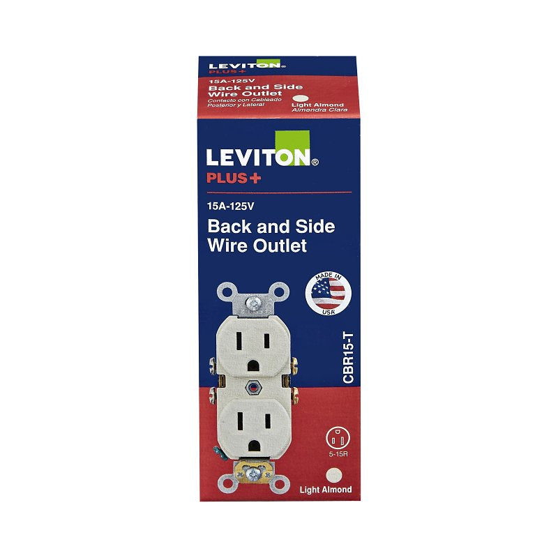 LEVITON Leviton CBR15-T Duplex Outlet, 2 -Pole, 15 A, 125 VAC, Back, Side Wiring, NEMA: 5-15R, Light Almond ELECTRICAL LEVITON