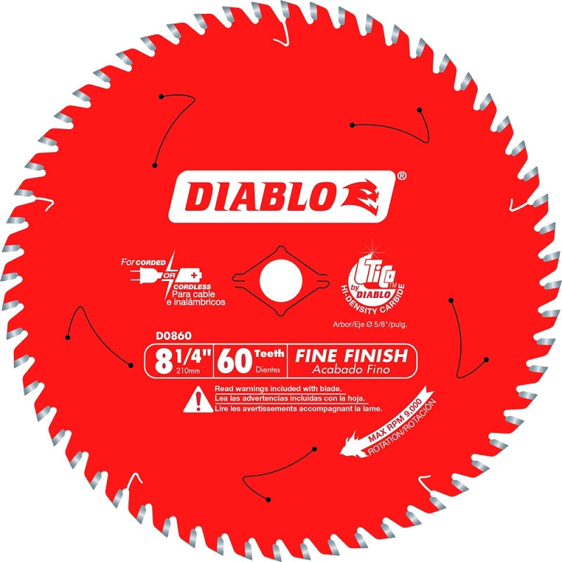 DIABLO Diablo D0860X Saw Blade, 8-1/4 in Dia, 5/8 in Arbor, 60-Teeth, Carbide Cutting Edge TOOLS DIABLO