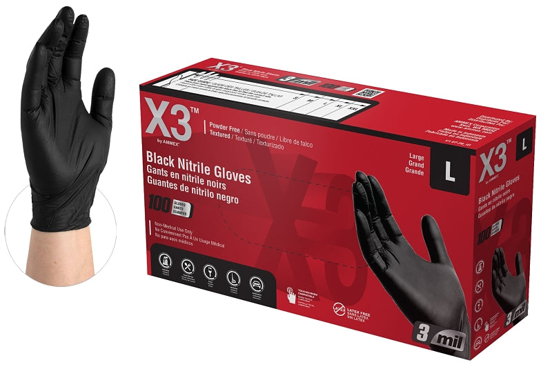 AMMEX Ammex BX346100 Disposable Gloves, L, Nitrile, Powder-Free, Black, 9-1/2 in L