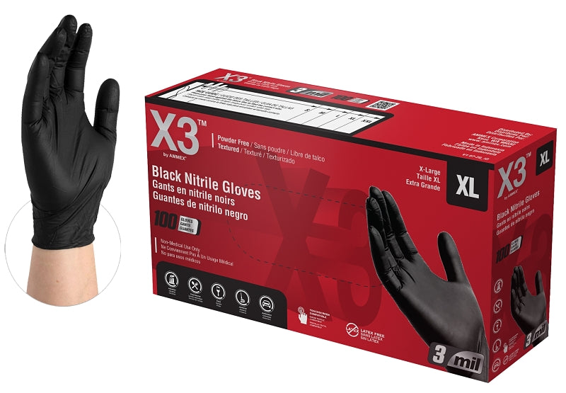 AMMEX Ammex BX348100 Disposable Gloves, XL, Nitrile, Powder-Free, Black, 9-1/2 in L