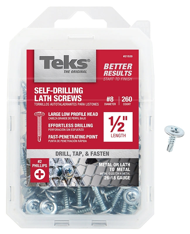 TEKS Teks 21520 Lath Screw, #8 Thread, 1.63 in L, Truss Head, Phillips Drive, Drill Point, Steel, Zinc, 260 PK