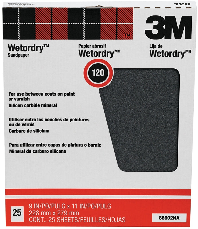 3M 3M 88602 Sandpaper, 11 in L, 9 in W, 120 Grit, Fine, Silicone Carbide Abrasive PAINT 3M