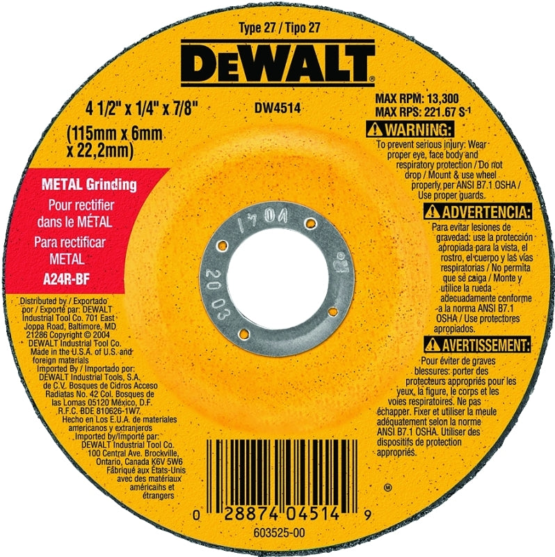 DEWALT DEWALT DW4514 Grinding Wheel, Applicable Materials: Ferrous Metal, Stainless Steel, 4-1/2 in Dia, 1/4 in Thick, 24 Grit TOOLS DEWALT
