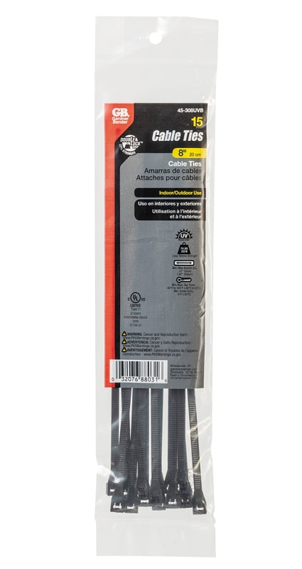 GB Gardner Bender 45-308UVB Cable Tie, Double-Lock Locking, 6/6 Nylon, Black, 8 in L, 15/PK