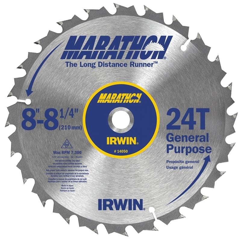 IRWIN Irwin Marathon 14050ZR Table Saw Blade, 8-1/4 in Dia, 5/8 in Arbor, 24-Teeth, Carbide Cutting Edge TOOLS IRWIN