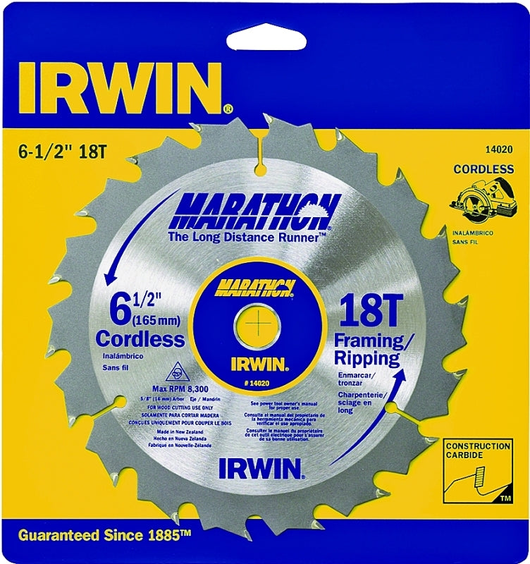 IRWIN Irwin Marathon 14020 Circular Saw Blade, 6-1/2 in Dia, 5/8 in Arbor, 18-Teeth, Carbide Cutting Edge TOOLS IRWIN