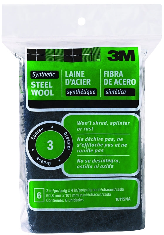 3M 3M 10115 Steel Wool, 4 in L, 2 in W, #3 Grit, Coarse, Black PAINT 3M