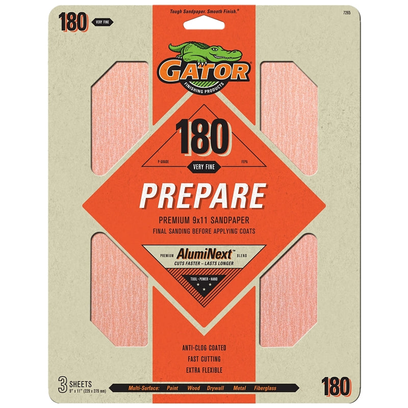 GATOR Gator 7265 Sanding Sheet, 11 in L, 9 in W, Extra Fine, 180 Grit, Aluminum Oxide Abrasive