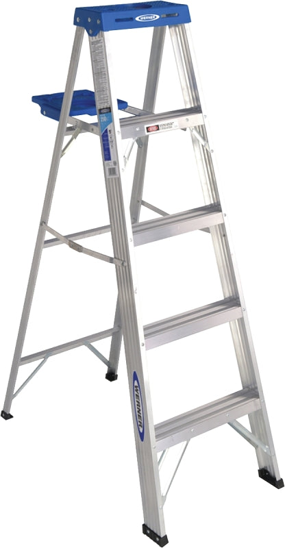 WERNER WERNER 365 Step Ladder, 5 ft , 4-Step, 250 lb, Type I Duty Rating, 3 in D Step, Aluminum, Blue PAINT WERNER   