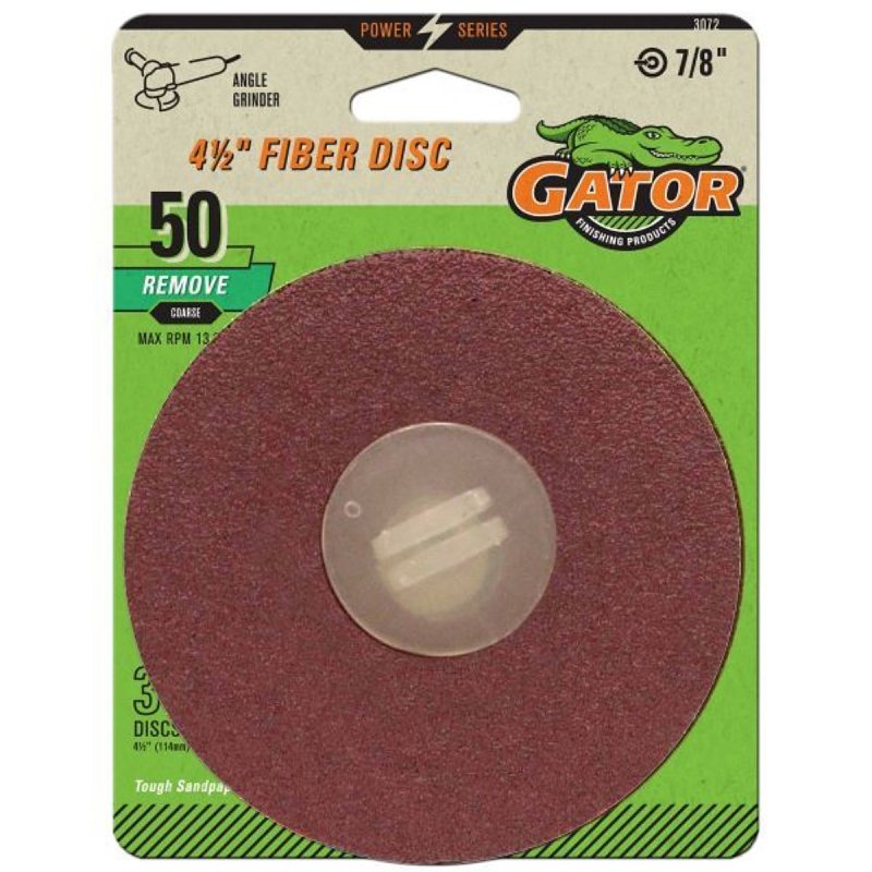 GATOR Gator 3072 Fiber Disc, 4-1/2 in Dia, 50 Grit, Coarse, Aluminum Oxide Abrasive, Fiber Backing, 3/PK