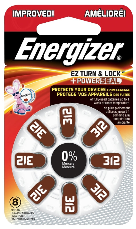 ENERGIZER BATTERY Energizer 312 AZ312DP-8 Hearing Aid Battery, 1.4 V Battery, 155 mAh, Zinc-Air ELECTRICAL ENERGIZER BATTERY   