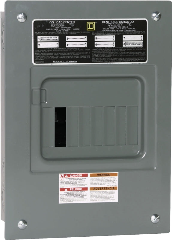 SQUARE D Square D QO QO612L100FCP Load Center, 100 A, 6-Space, 12-Circuit, Main Lug, NEMA 1 Enclosure, Plug, Gray