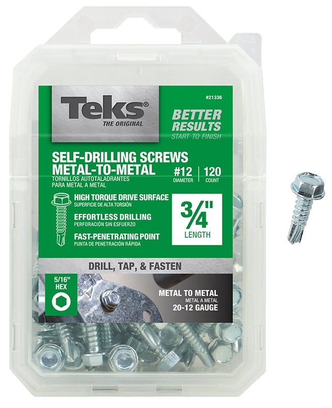 TEKS Teks 21336 Screw, #12 Thread, 3/4 in L, Coarse Thread, Hex Drive, Self-Drilling, Self-Tapping Point, Steel, Zinc, 120 PK HARDWARE & FARM SUPPLIES TEKS