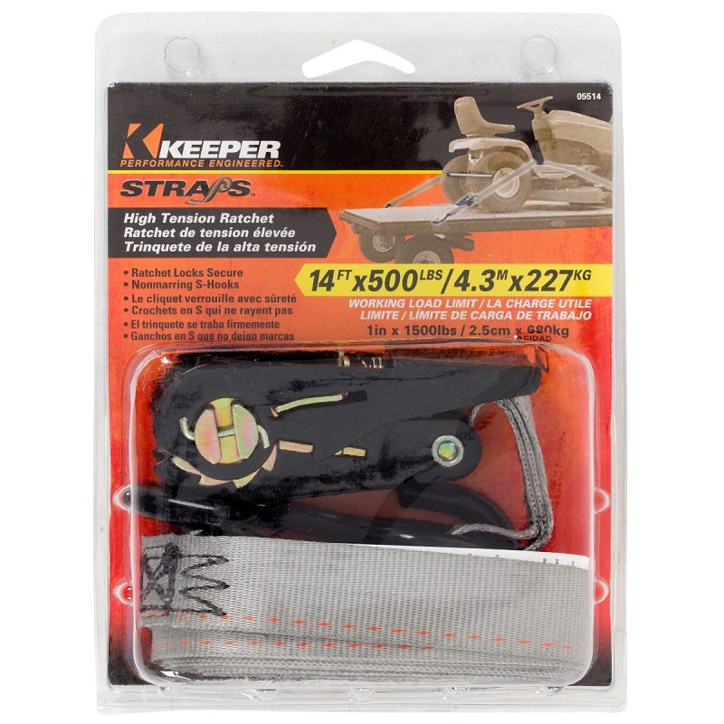 KEEPER Keeper 05514 Tie-Down, 1 in W, 14 ft L, Polyester, Gray, 500 lb, S-Hook End Fitting AUTOMOTIVE KEEPER