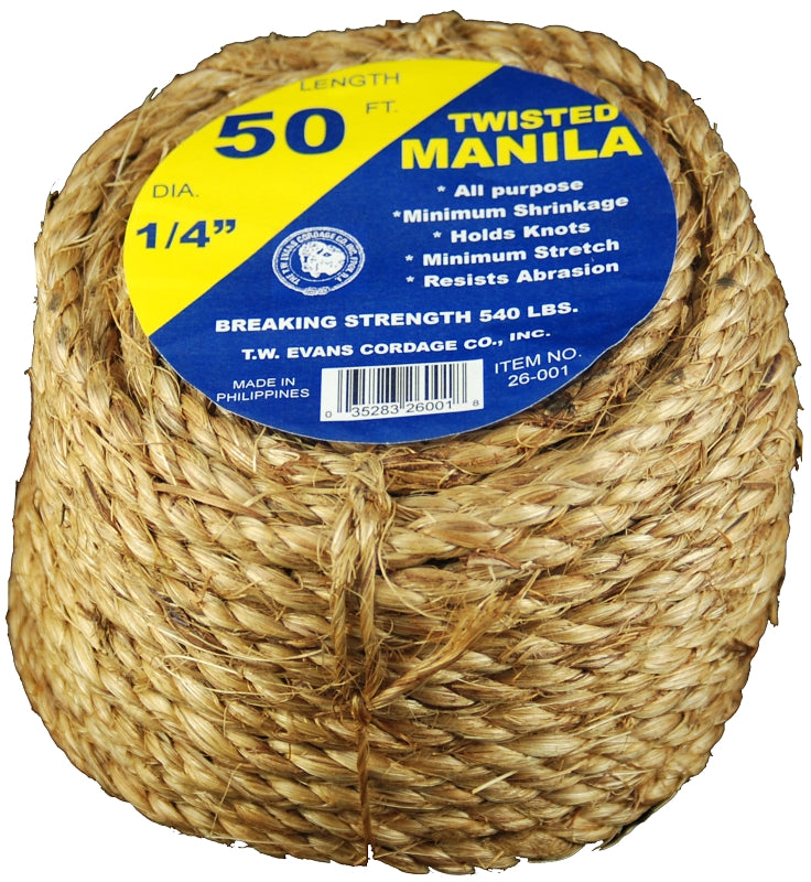 TW EVANS CORDAGE T.W. Evans Cordage 26-001 Rope, 1/4 in Dia, 50 ft L, 54 lb Working Load, Manila, Natural