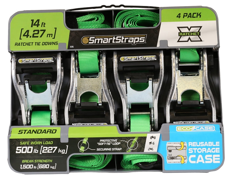 SMARTSTRAP SmartStrap 345 Tie-Down, 1 in W, 14 ft L, Polyester, Green, 500 lb, S-Hook End Fitting, Steel End Fitting
