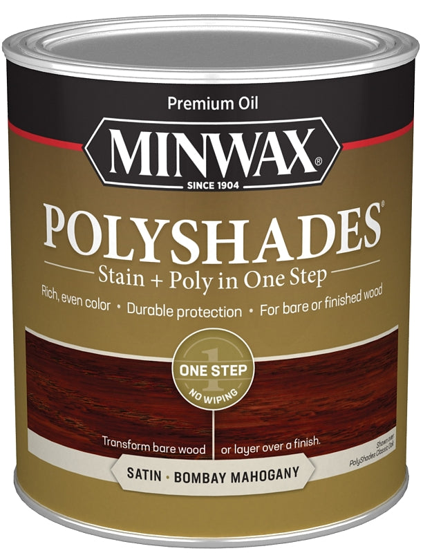 MINWAX Minwax PolyShades 61380444 Polyurethane, Satin, Liquid, Bombay Mahogany, 1 qt Can PAINT MINWAX