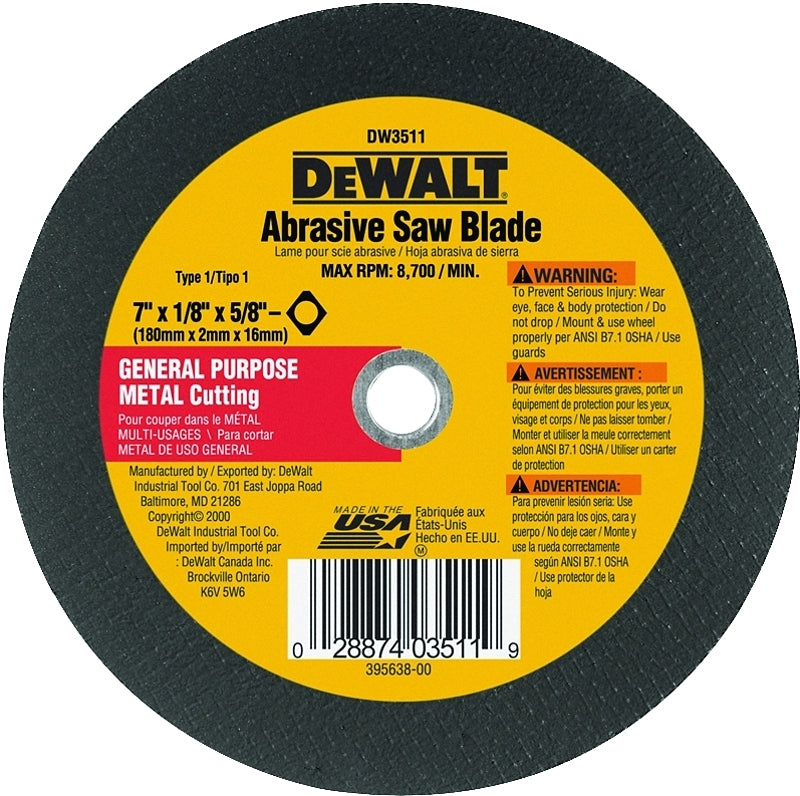 DEWALT DEWALT High Performance Series DW3511 Abrasive Saw Blade, 7 in Dia, 5/8 in Arbor, Aluminum Oxide Cutting Edge TOOLS DEWALT