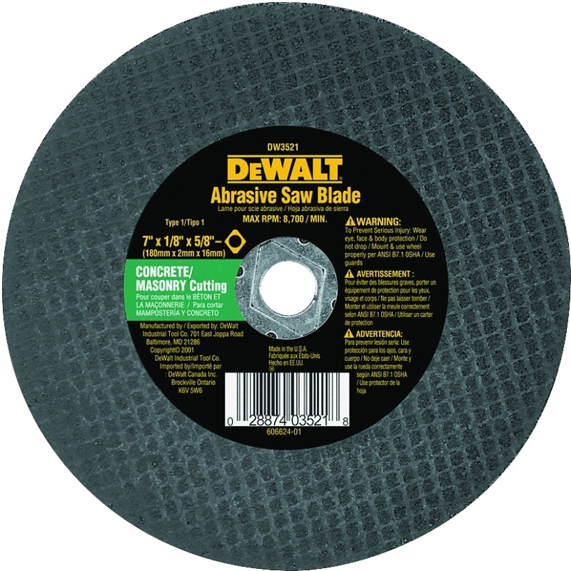 DEWALT DEWALT High Performance Series DW3521 Abrasive Saw Blade, 7 in Dia, 5/8 in Arbor, Aluminum Oxide Cutting Edge