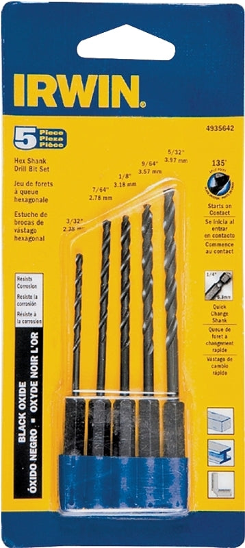 IRWIN Irwin 4935642 Jobber Length Drill Bit Set, Heavy-Duty, 5-Piece, Steel, Black Oxide TOOLS IRWIN