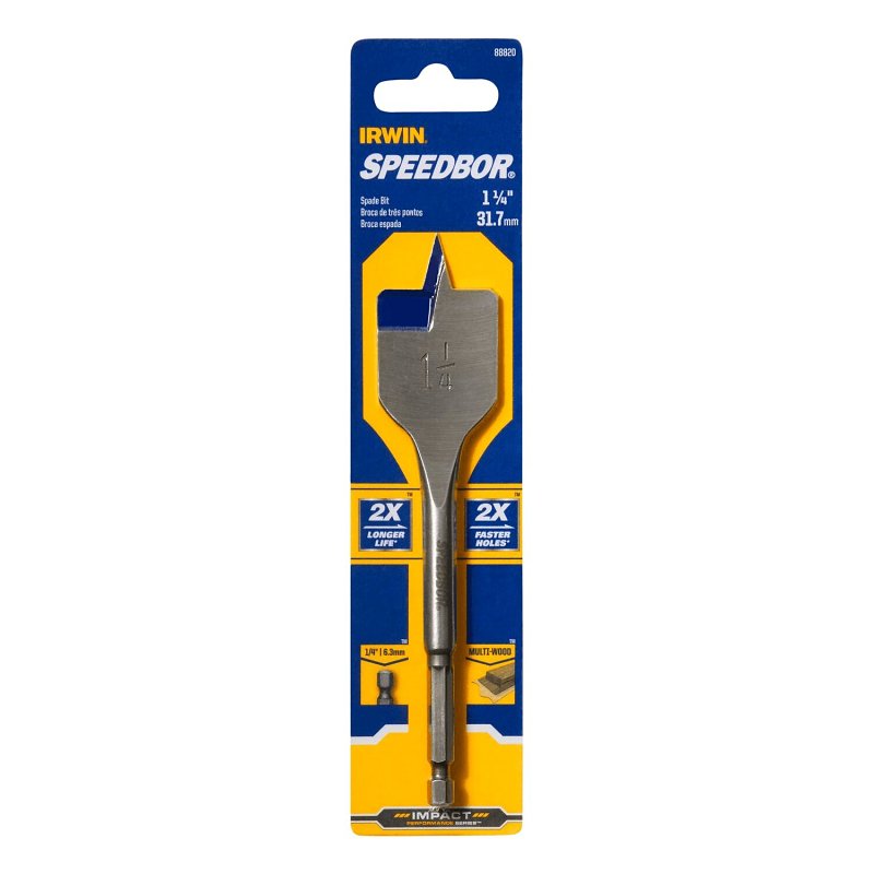 IRWIN Irwin SPEEDBOR 88820 Spade Drill Bit, 1-1/4 in Dia, 6 in OAL, Standard Length, Flat Flute, 1/4 in Dia Shank, Hex Shank TOOLS IRWIN