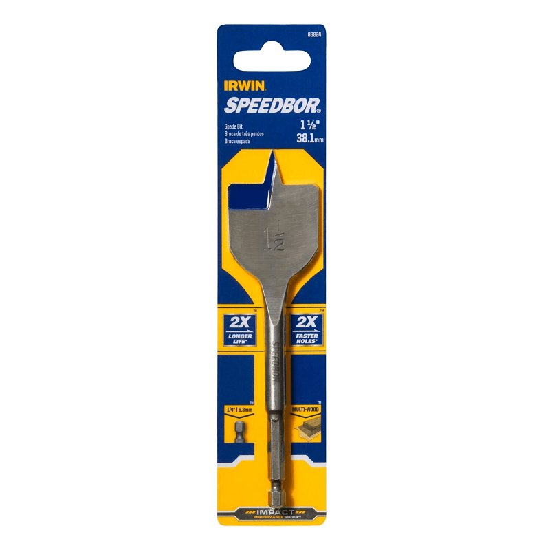 IRWIN Irwin SPEEDBOR 88824 Spade Drill Bit, 1-1/2 in Dia, 6 in OAL, Standard Length, Flat Flute, 1/4 in Dia Shank, Hex Shank TOOLS IRWIN