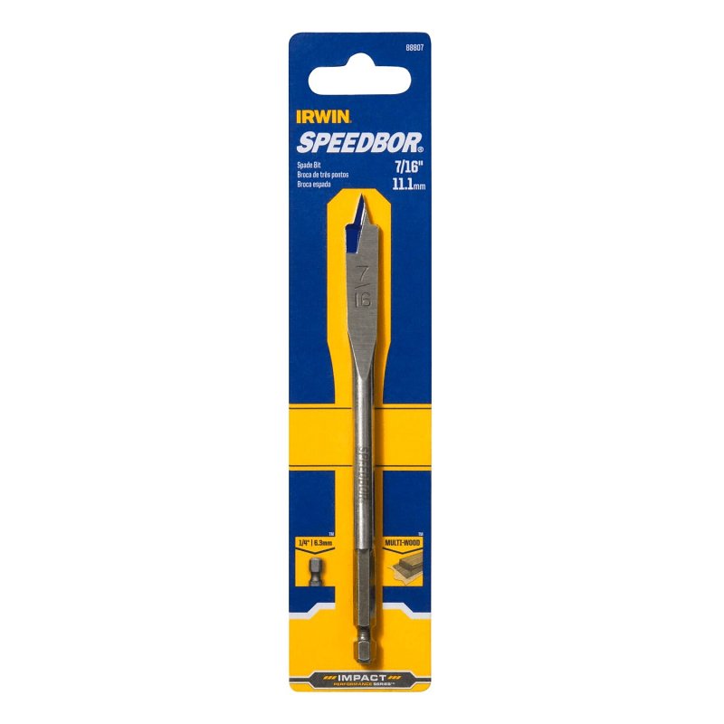 IRWIN Irwin SPEEDBOR 88807 Spade Drill Bit, 7/16 in Dia, 6 in OAL, Standard Length, Flat Flute, 1/4 in Dia Shank, Hex Shank