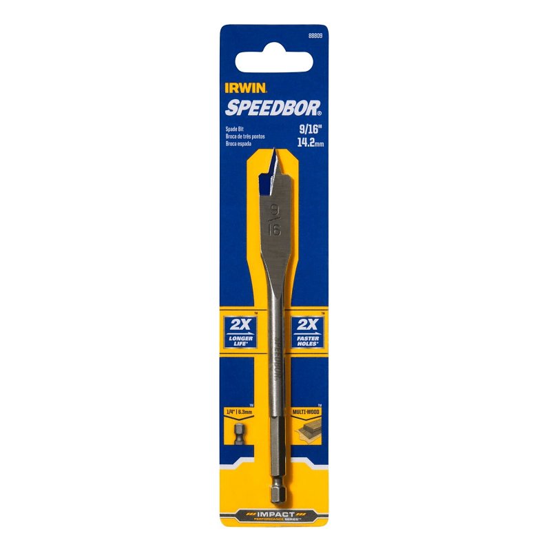 IRWIN Irwin SPEEDBOR 88809 Spade Drill Bit, 9/16 in Dia, 6 in OAL, Standard Length, Flat Flute, 1/4 in Dia Shank, Hex Shank