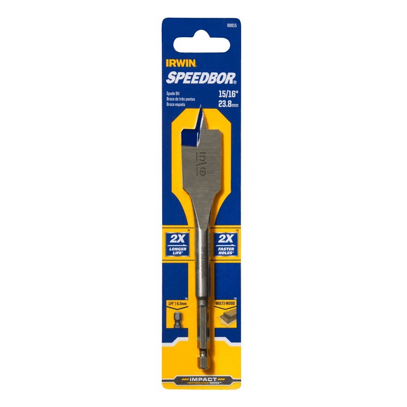 IRWIN Irwin SPEEDBOR 88815 Spade Drill Bit, 15/16 in Dia, 6 in OAL, Standard Length, Flat Flute, 1/4 in Dia Shank, Hex Shank