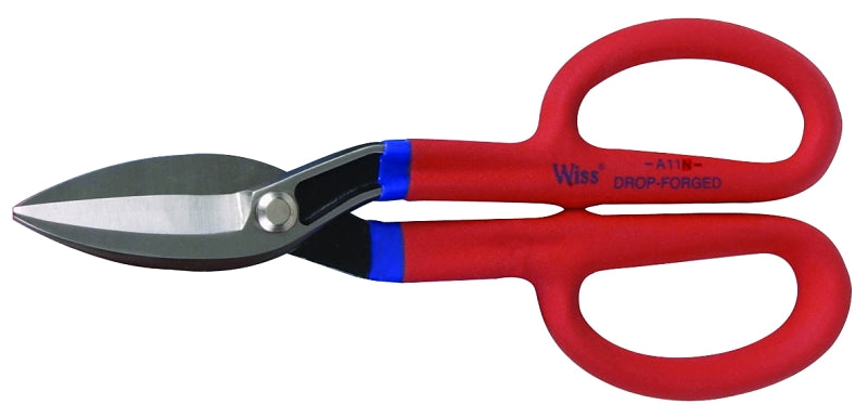 WISS Crescent Wiss A11N Tinner Snip, 9-3/4 in OAL, Curved, Straight Cut, Steel Blade, Cushion-Grip Handle, Red Handle