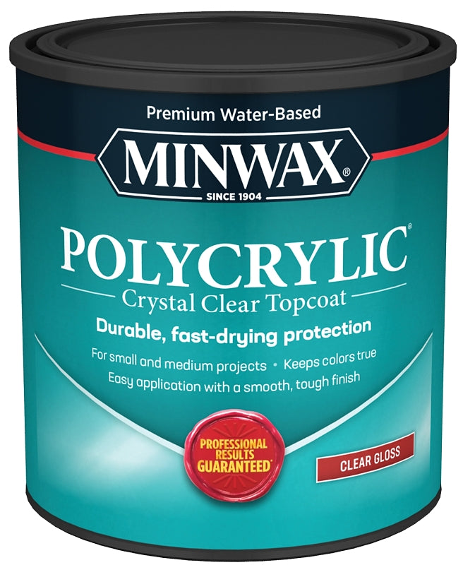 MINWAX Minwax Polycrylic 65555444 Polyurethane, Gloss, Liquid, Crystal Clear, 1 qt Can