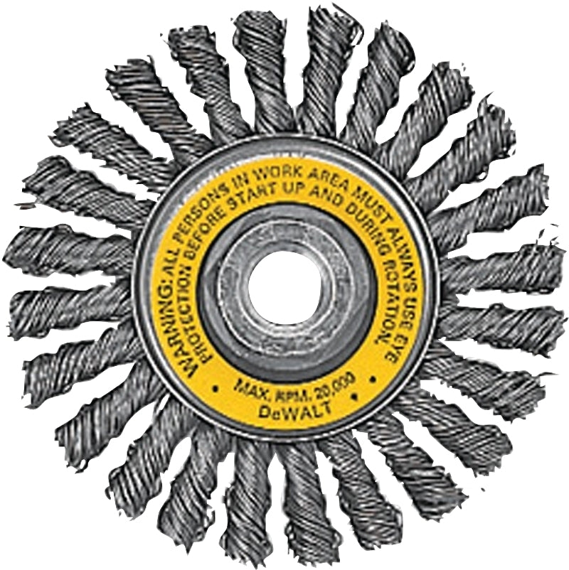DEWALT DEWALT DW4930 Wire Wheel Brush, 4 in Dia, 5/8-11 Arbor/Shank, Flat Knotted, Twisted Bristle, 0.02 in Dia Bristle TOOLS DEWALT
