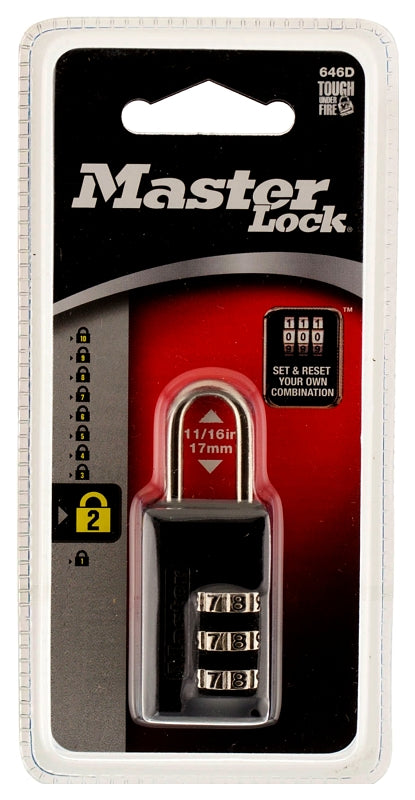 MASTER LOCK Master Lock 646D Padlock, 13/16 in W Body, 1/8 in Dia Shackle, 11/16 in H Shackle, Steel Shackle, Zinc Body, Black