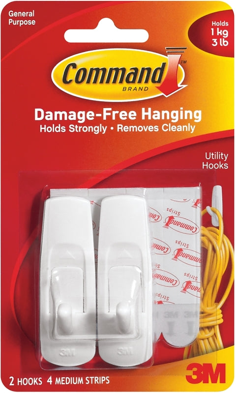 COMMAND Command 17001 Utility Hook, 3 lb, 2-Hook, Plastic, White