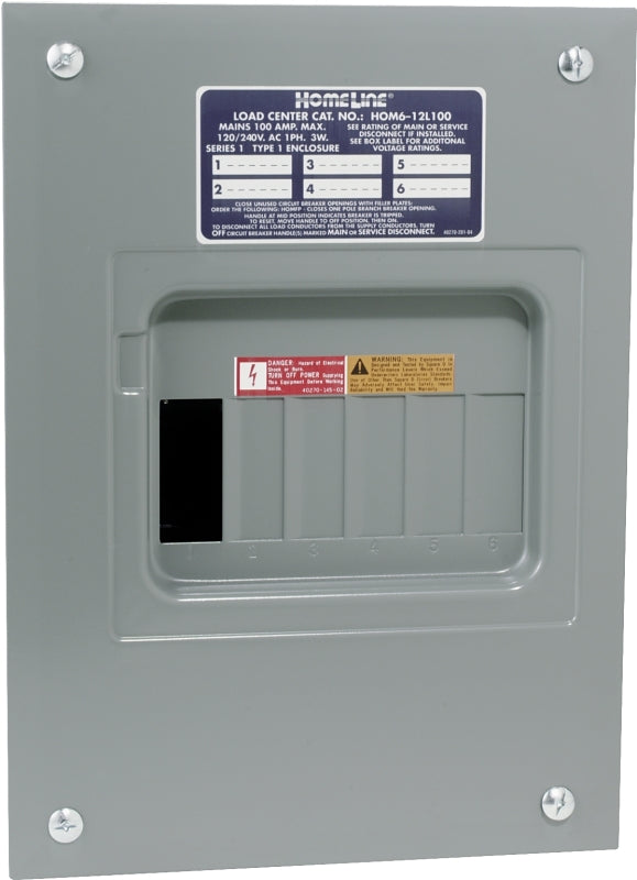 SQUARE D Square D Homeline HOM612L100FCP Load Center, 100 A, 6-Space, 12-Circuit, Main Lug, NEMA 1 Enclosure, Gray, Plug