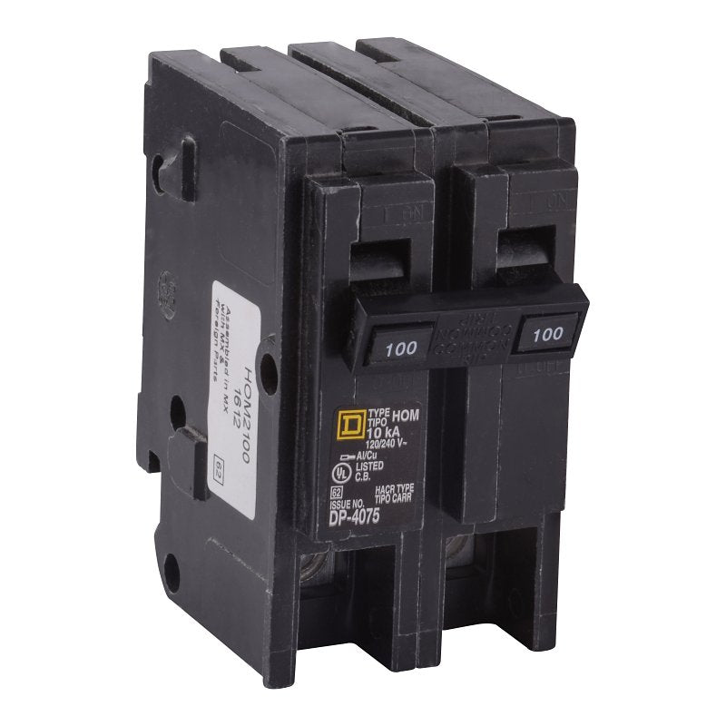 SQUARE D Square D Homeline HOM2100CP Mini Circuit Breaker, 100 A, 2-Pole, 120/240 V, Fixed Trip, Plug, Black