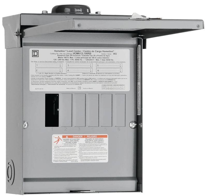 SQUARE D Square D Homeline HOM612L100RBCP Load Center, 100 A, 6 -Space, 12 -Circuit, Main Lug, NEMA 3R Enclosure, Gray