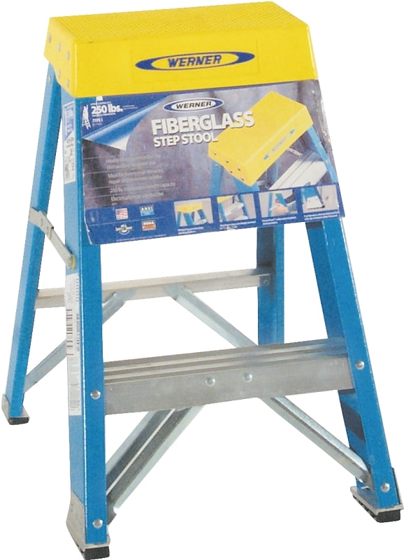 WERNER WERNER 6002 Step Ladder, 8 ft Max Reach H, 2-Step, 250 lb, Type I Duty Rating, 3 in D Step, Fiberglass, Blue PAINT WERNER   