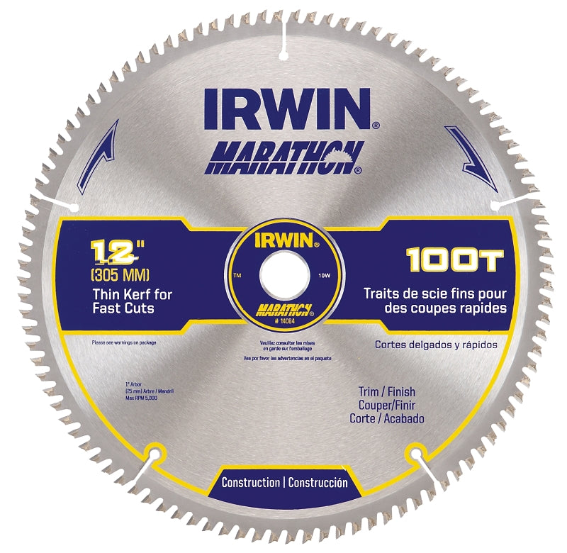IRWIN Irwin Marathon 14084 Table Saw Blade, 12 in Dia, 1 in Arbor, 100-Teeth, Carbide Cutting Edge TOOLS IRWIN